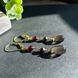 Smoky Quartz Earrings Garnet Pyrite lever back 14k GF
